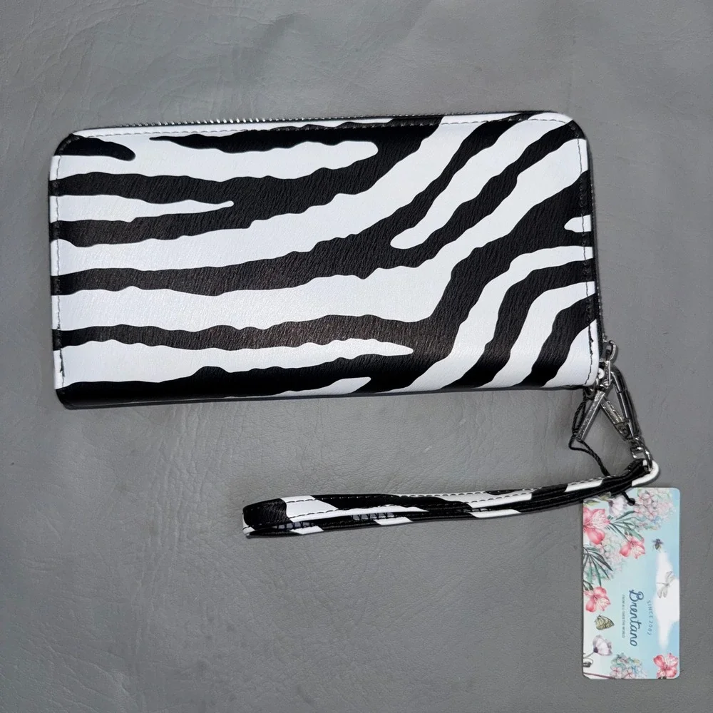 Brentano Zebra Print Zip Around Wristlet Wallet Black White NEW